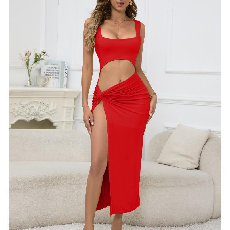 Women's Long Skirt Halter Solid Color Hollow Midriff Sexy Dress