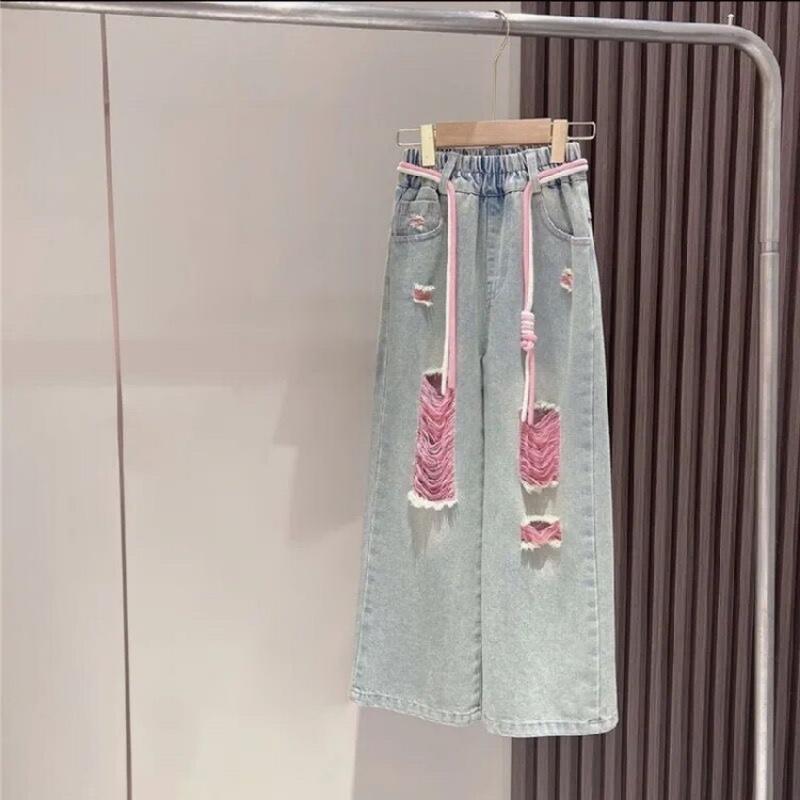 Children's Graffiti Short Sleeve Denim Ripped Pants Set Children's Suit Girls Set