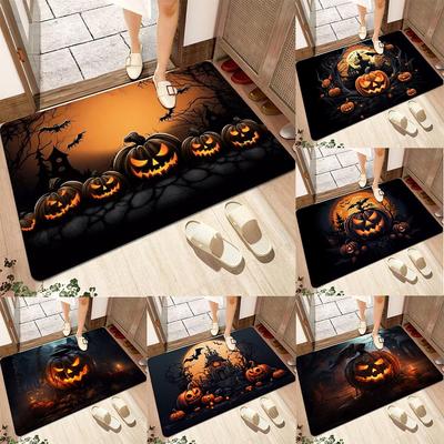 Halloween Themen Fußmatte mit gruseligen Kürbis-, Fledermaus-, Spukhaus-Mustern Weicher dekorativer Eingangsteppich für Zuhause Innen