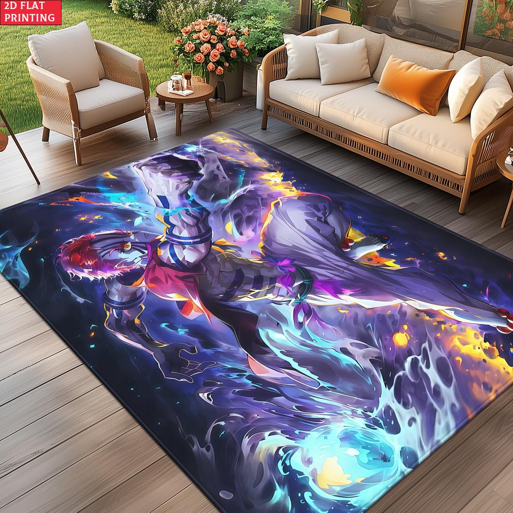 Anime Demon Area Rug, Dark Fire Water Theme Non-slip Floor Mat, Gamer Room Bedroom Decor Carpet, Washable Home Gift