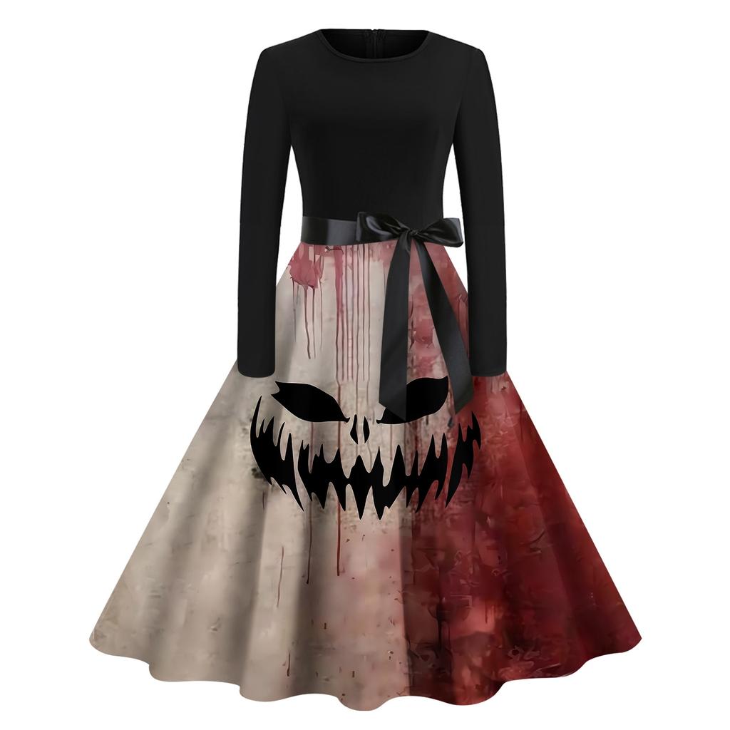 Halloween Women's Casual Fashion Round Neck Printed Vintage Dress