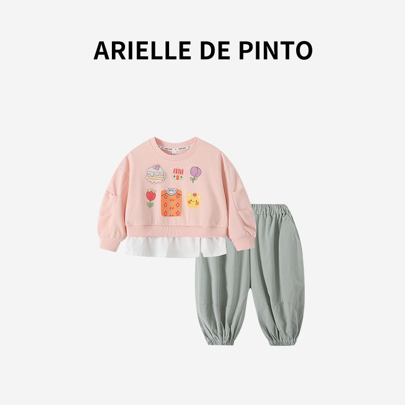 French Arielle De Pinto Girls  Cartoon Print Fake Two-Piece Sweatshirt Autumn Korean Style Children s Clothing Two-Piece Set Suit 140
