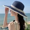 Straw Boater Wide Sun Super Slimming Beaded Actress Lace Ribbon Free [easylivegogo] Women's Hat, Hat, Brim, Hat, Breathable, Quick-Drying, Cool,