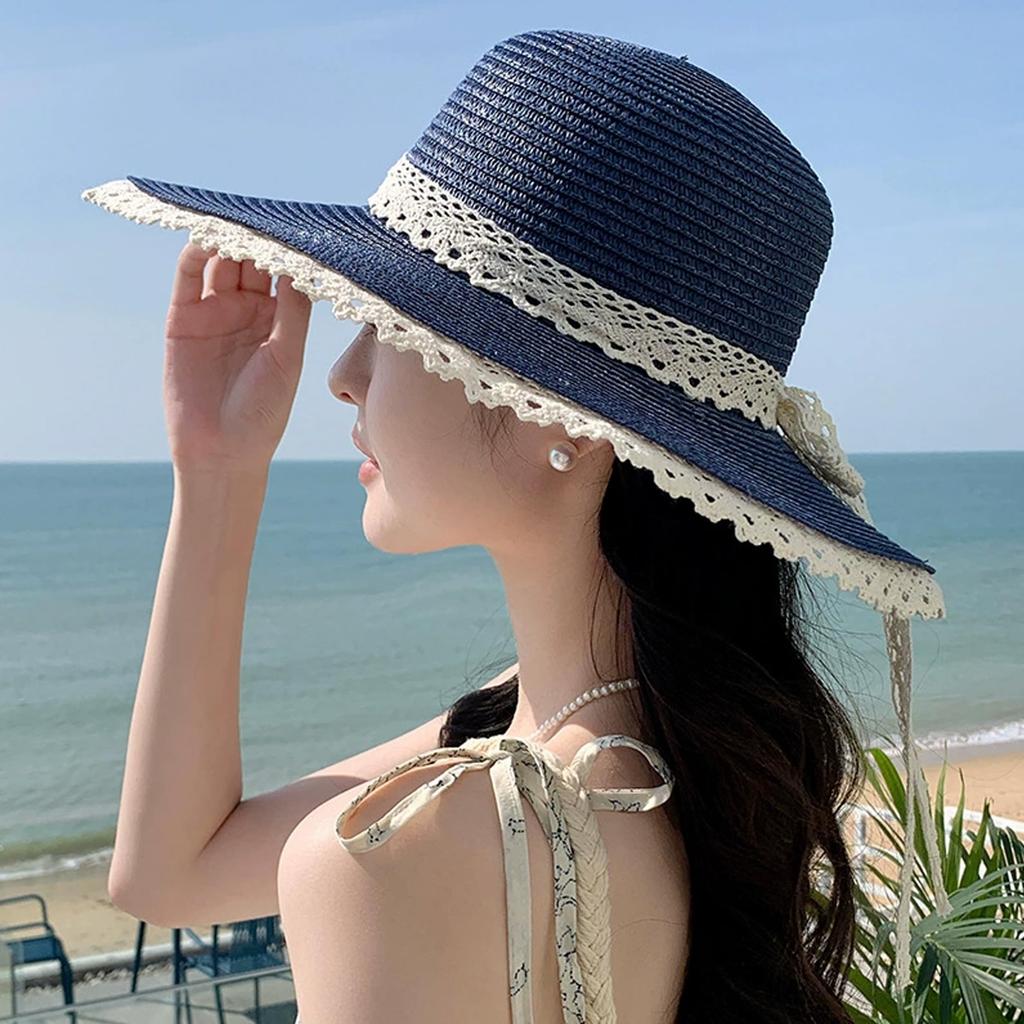 Straw Boater Wide Sun Super Slimming Beaded Actress Lace Ribbon Free [easylivegogo] Women's Hat, Hat, Brim, Hat, Breathable, Quick-Drying, Cool,