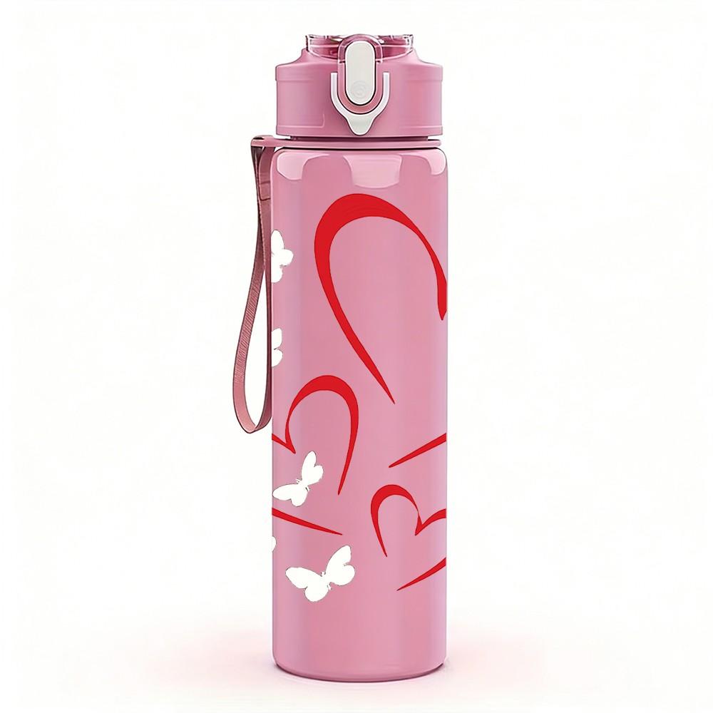 1PC Two Overlap Red Heart Line Print 750ml Color Plastic Sports Water Bottle Leakproof Flip Straw Lid Suitable for Sports Office Home Use