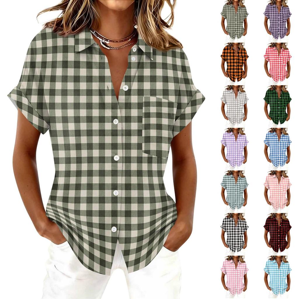 Women Short Sleeve Button Down Shirt Casual Plaid Checkered Print Blouse Lightweight Summer Top with Pocket