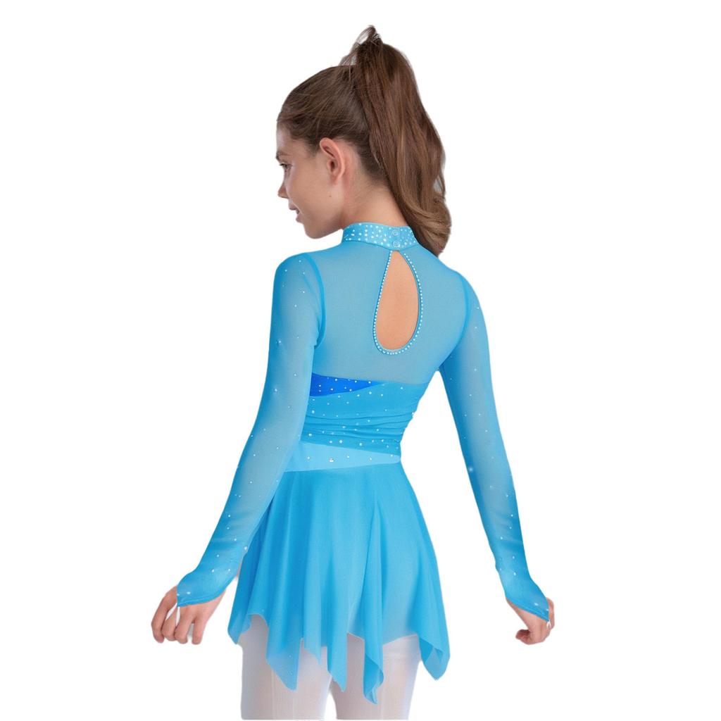 Kinder Mädchen Lyrisches Tanz Eiskunstlauf Kostüm Rollkragen Langarm Glitzernde Strasssteine Unregelmäßiger Saum Raffung Netz Kleid Tanzkleidung