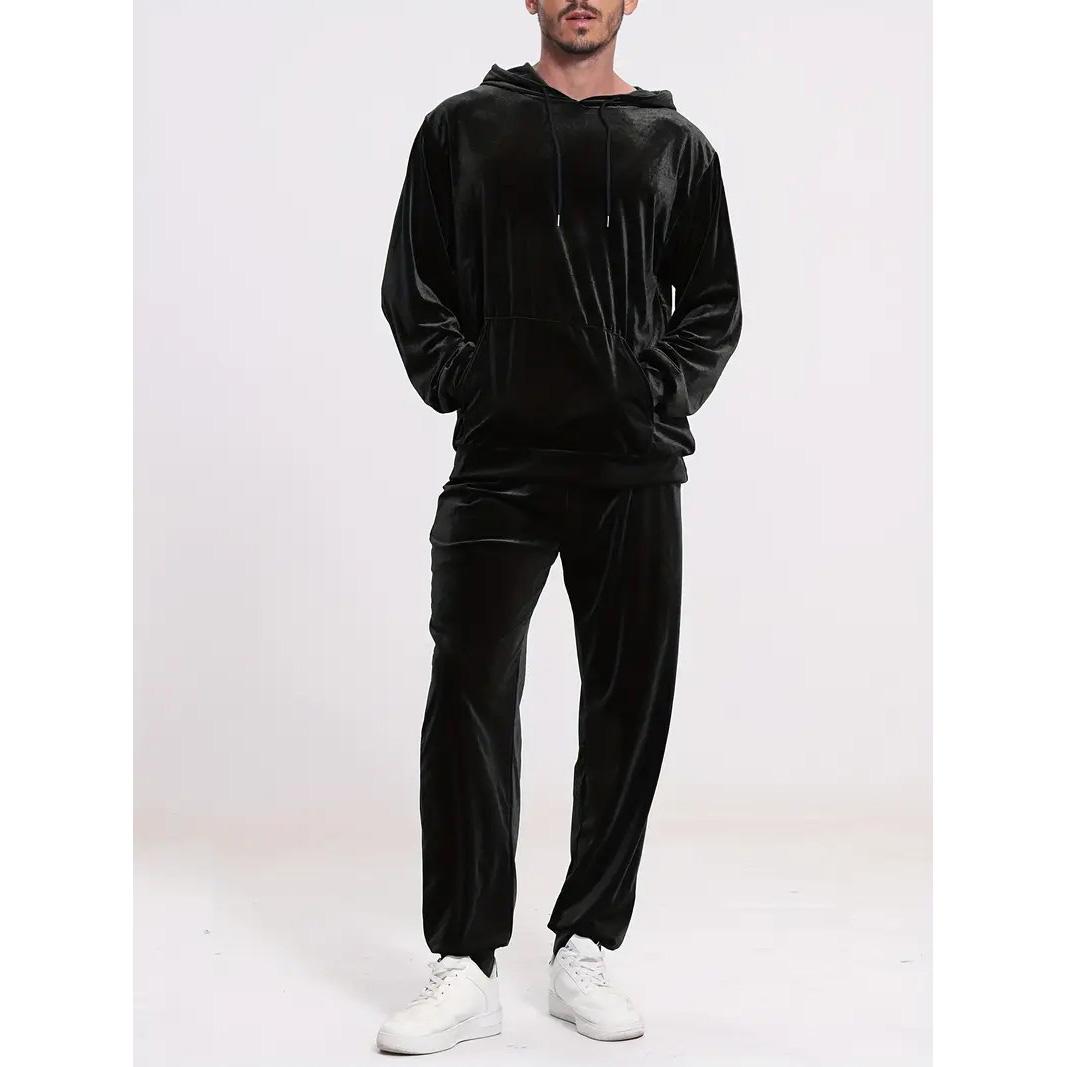 

Fashion Solid Color Velvet Two Piece Sets Mens Fall Winter Casual Long Sleeve Hoodie And Pants Outfit Men Clothing Vintage Suits S