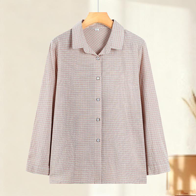 

Spring Plaid Cotton Shirt for Young, Middle-Aged, and Elderly Women: Long-Sleeve Casual Wear XL (suggested 80-100 lbs) рожевий