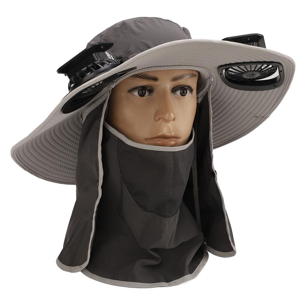 Mens Sun Hat with 2 Solar Fans Nylon UPF50 Wide Brim Fast Drying USB Rechargeable Summer Cooling