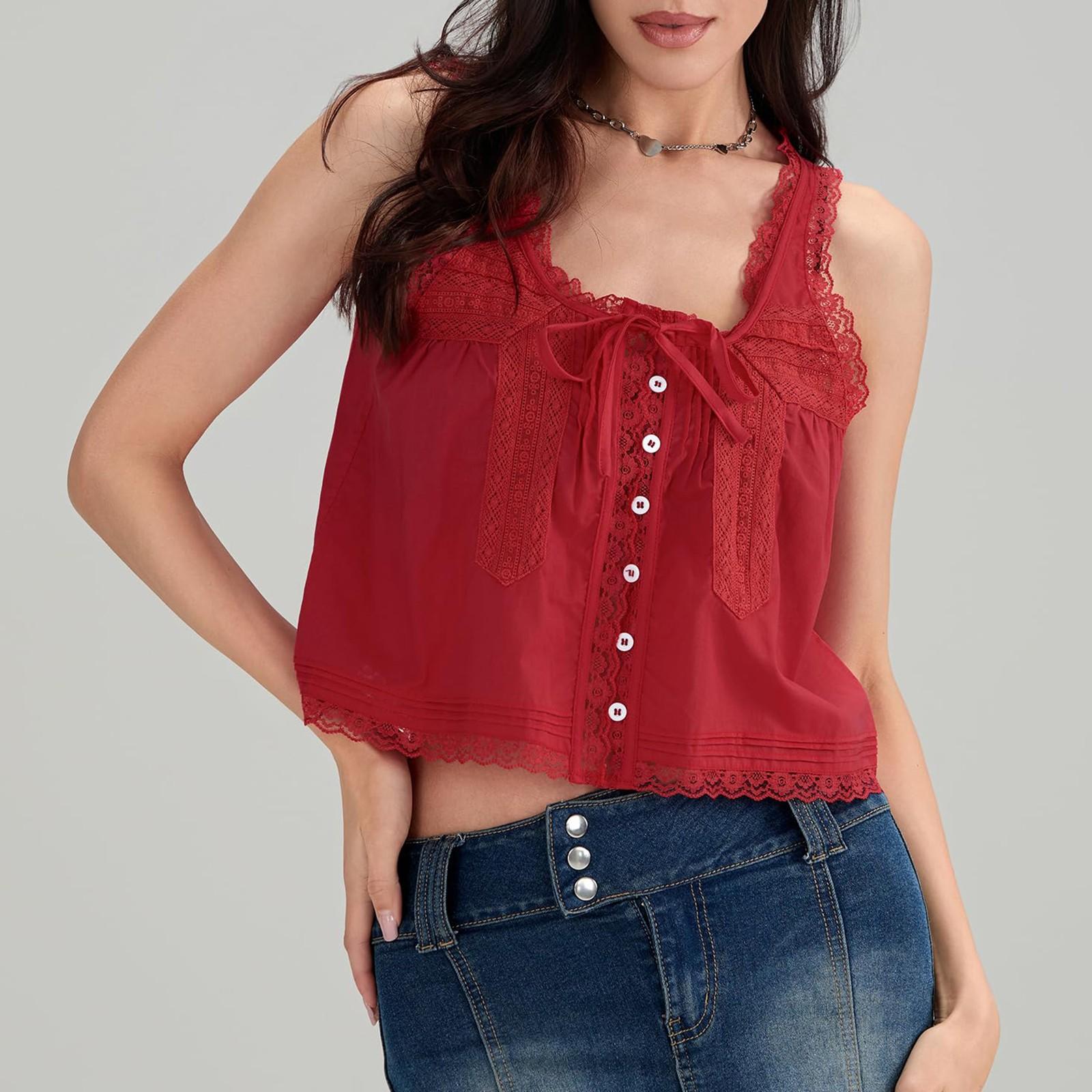 

Жіноча Мода Повсякденний Без рукавів Мереживо Мереживо Милий Приталений Маленький Топ-майка на ґудзиках S винний