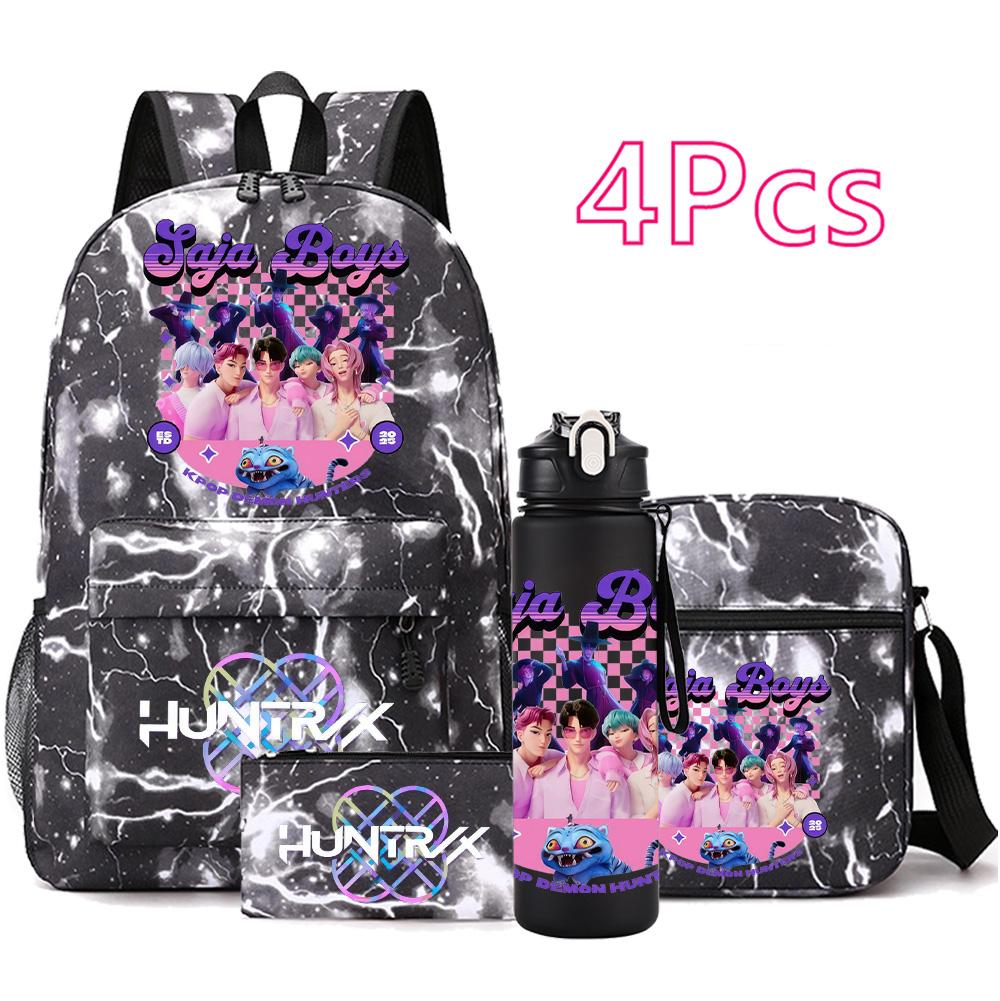4Pcs/set Anime Cute KPop Printed Backpack with 750Ml Water Bottler for Teenager Student Girl Boy Bookbag Kid Gift Large Capacity Waterproof Travel Bag