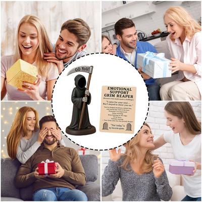 Emotionellt Stöd Liemannen Figur Resin Gotisk Skelettstaty med Stödkort för Halloween Hem Kontor Dekor