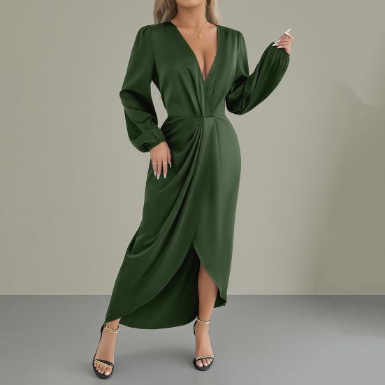 Women's Satin Wrap Long Dress V Neck Long Sleeve Maxi Dress High Slit Party Dress Cocktail Evening Gown