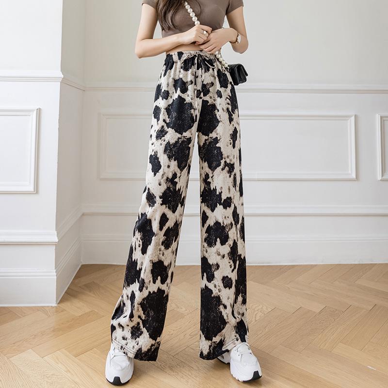 Women's 2026 Summer Ink Painting Wide-Leg High-Waisted Checkered Ice Silk Pants