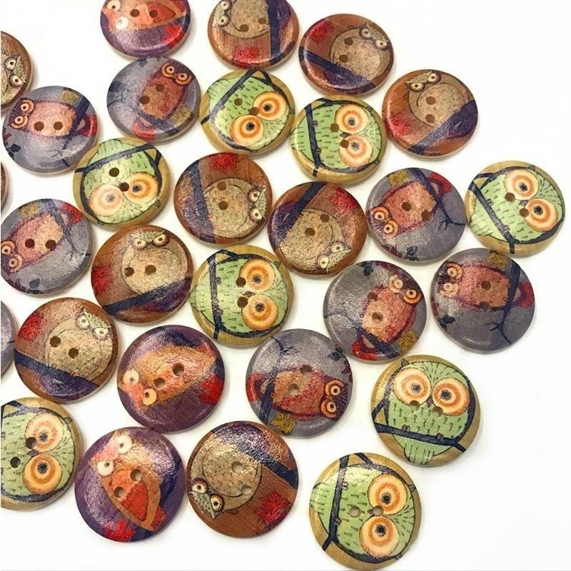 100Pcs 15mm Wooden Animal Button Round Wooden Owl Button Two-Hole Decorative Buttons for Sewing DIY Handmade Scrapbooking