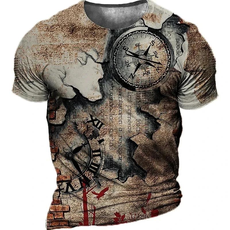 Vintage Compass T Shirt Men 3d Print Navigation Compass Men's Crew Neck Short Sleeve Oversized Tops Tee Shirt Homme 6xl Camiseta