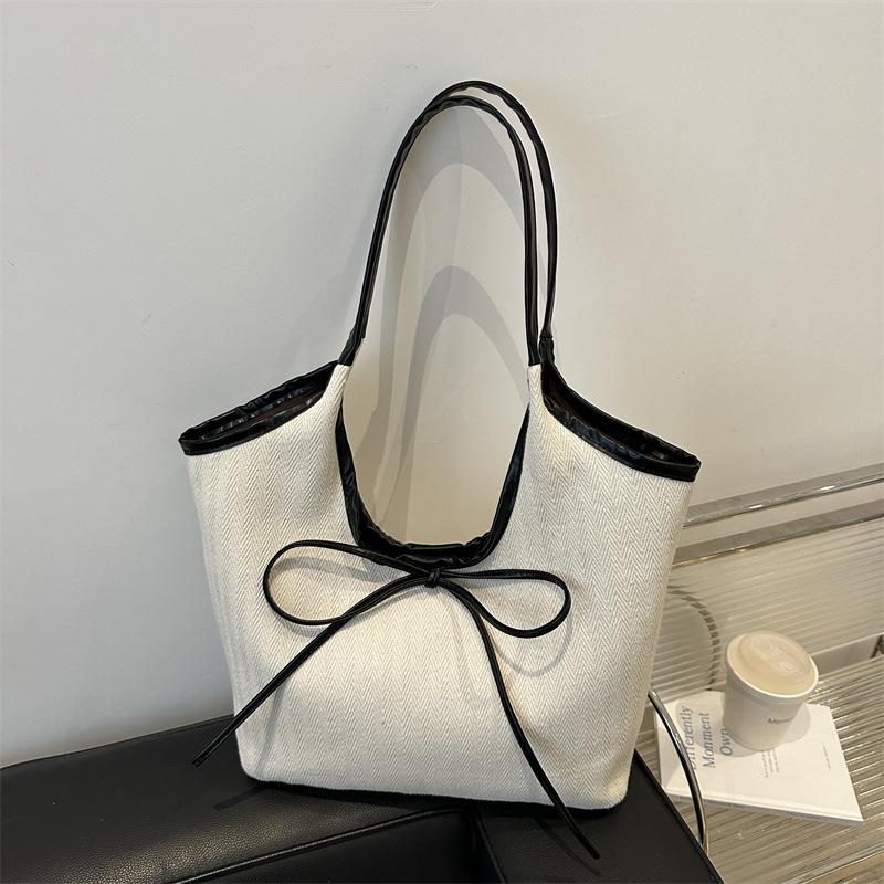 Korean Style Patchwork Canvas Tote Bag Fashion Commuter Handbag with Bow Tie Strap Casual Large Capacity Shoulder Purse CLE
