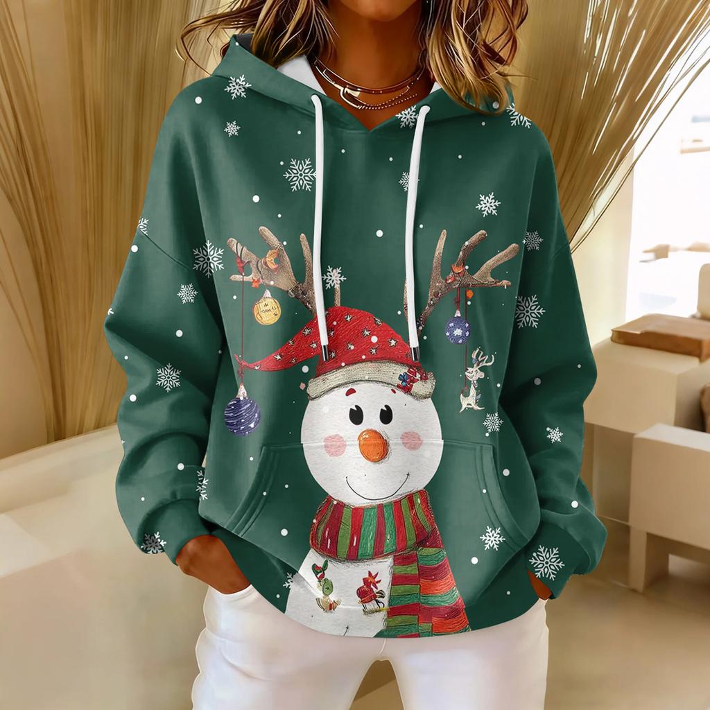 Women's Loose Comfortable Casual Fashion V-Neck Christmas Print Long Sleeve Hoodie
