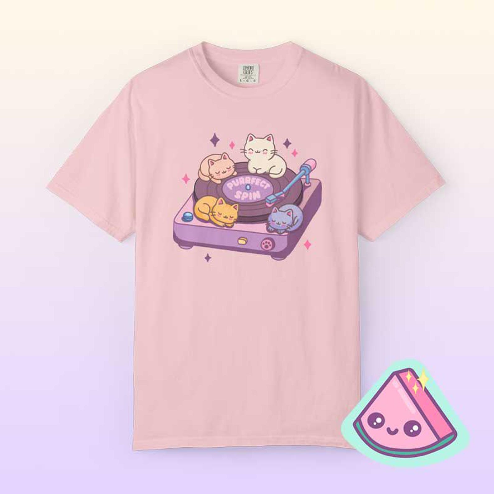 Kawaii Cat Record Player T-Shirt, Fairy Kei & Yume Kawaii Harajuku Pastel Tee for Music Lovers, Purrfect Spin Comfort Colors Shirt 2XL