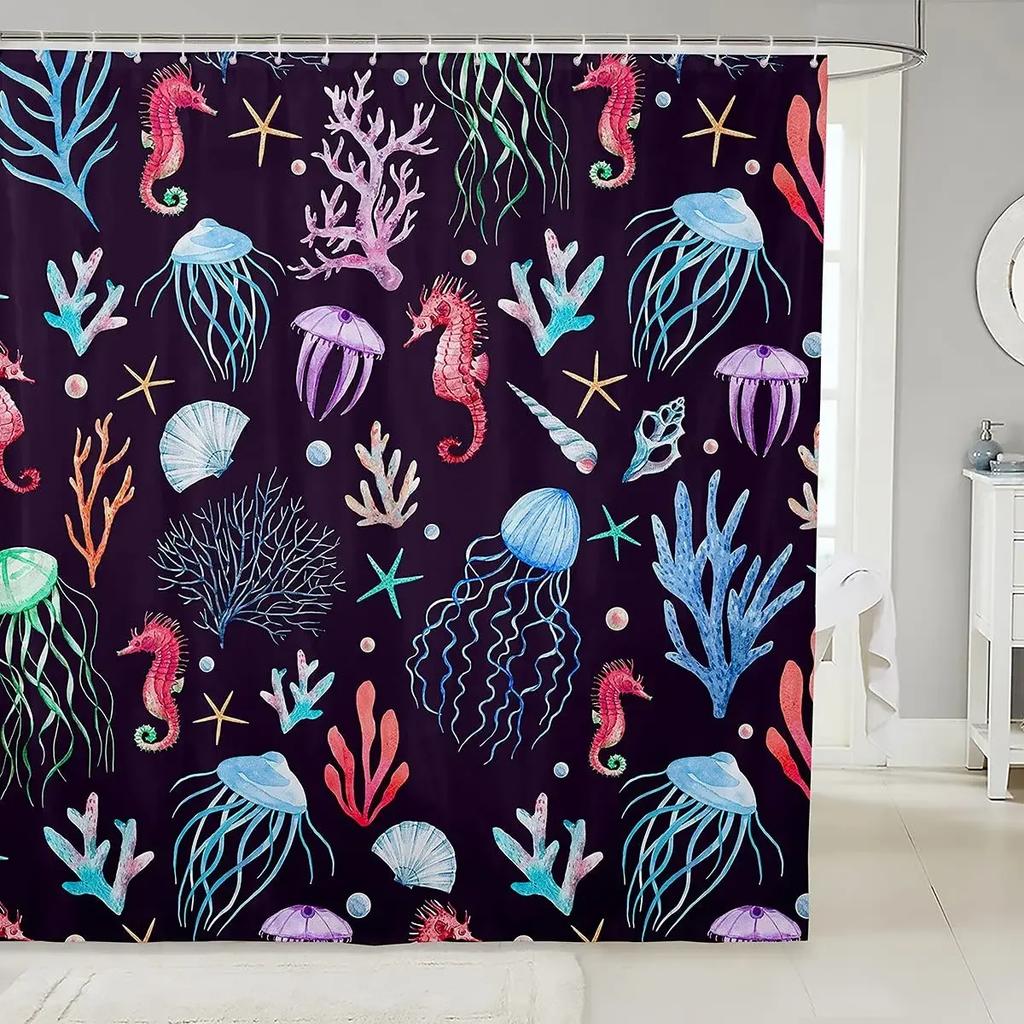 Vibrant Sea Life Watercolor Print Water-Resistant Shower Curtain With Colorful Shells And Fish For Ocean-Themed Bathroom Decor