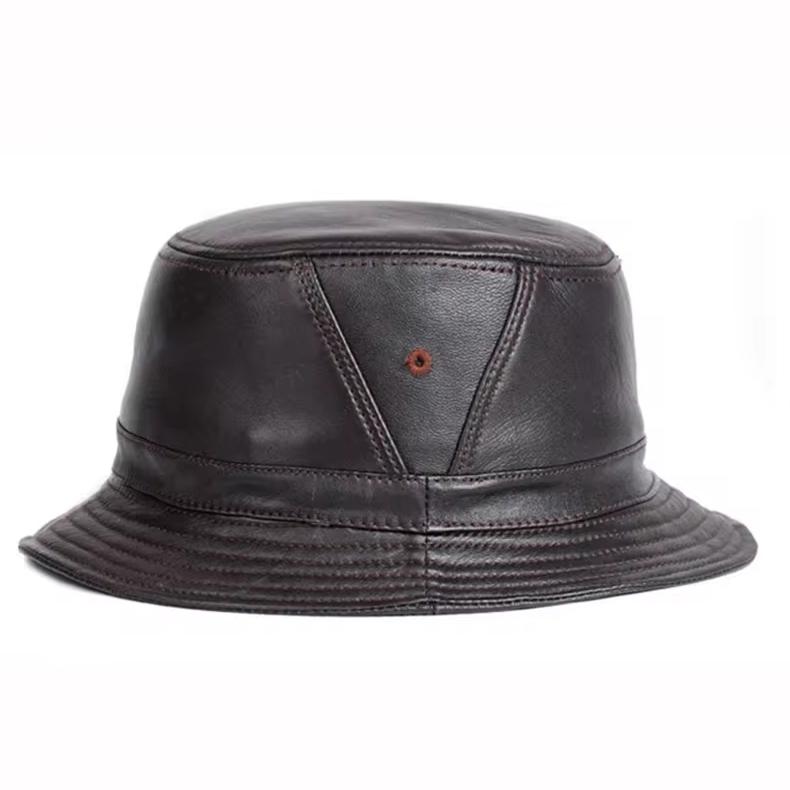 Herren Echte Leder Flache Eimerhut Kurzer Schirm Outdoor Kappe in Schwarz/Braun Hip Hop Stil Geeignet für Literatur Angeln Aktivitäten