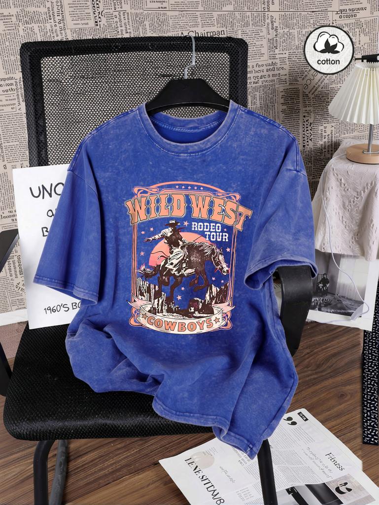 Wild West Cowboys Print Snow Wash Women Tee Shirts Hip Hop Summer T Shirt Casual Washed Clothes Cotton Oversized Short Sleeves