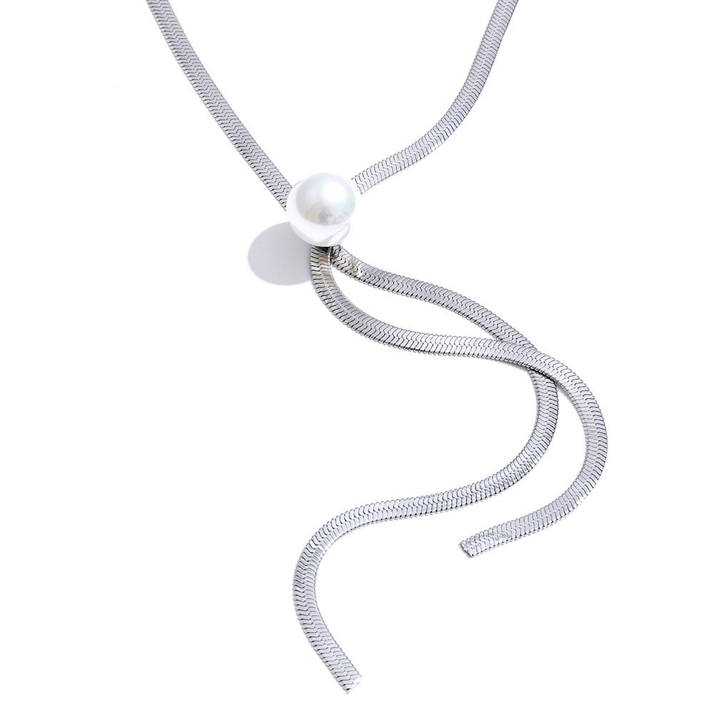 

Yhpup 70cm Stainless Steel Imitation Pearls Snake Chain Long Hanging Drop Necklace Autumn Winter Style New Arrivals Bib Jewelry