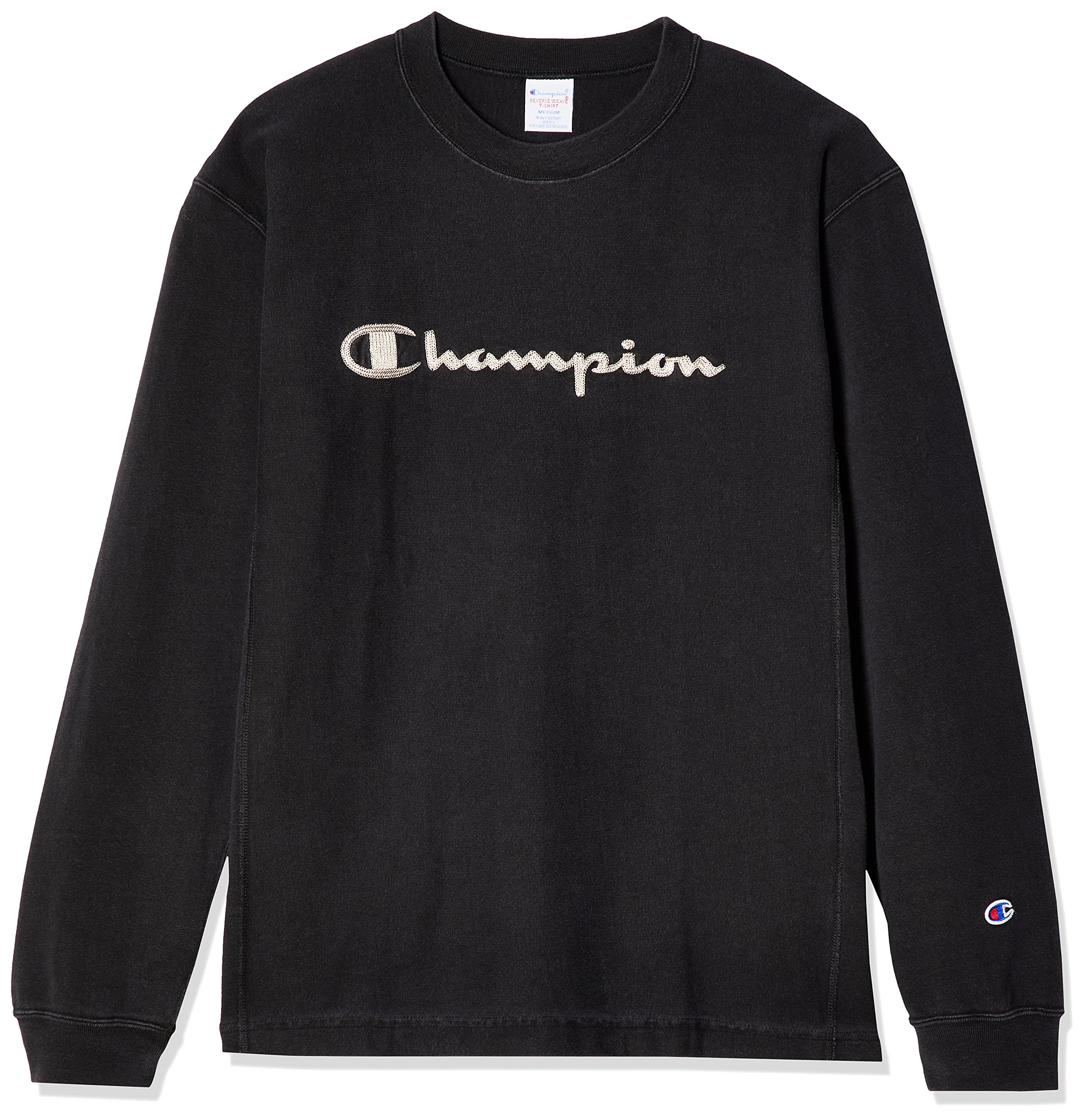 

Champion Long Sleeve Black Sulfide Reverse Script Logo Size Men s T-Shirt, 9.4oz, 100% Cotton, Yarn, Weave® Embroidery, Off-Black, M, C3-Q417