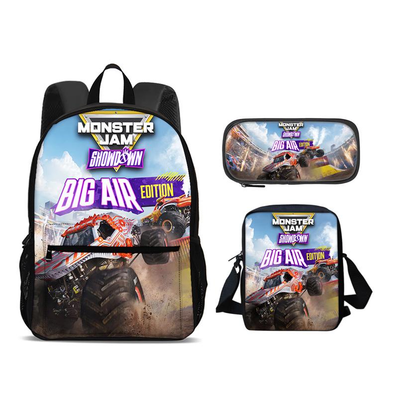 Plecak Monster Jam Piórnik Torba na ramię Zestaw 3 szt. Duża pojemność Nadruk z kreskówki Najlepszy prezent urodzinowy dla uczniów płci męskiej i żeńskiej