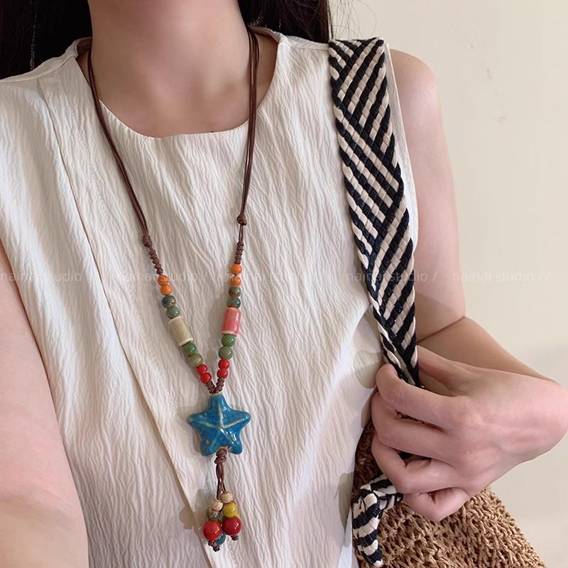 Bohemian Ceramic Necklace: Vintage Ethnic Long Sweater Chain & Zen Choker