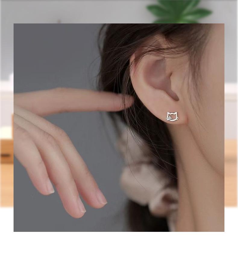 S999 Sterling Silver Zirconia Hollow Cat Stud Earrings for Women - No Need To Remove, Simple & Cute Design
