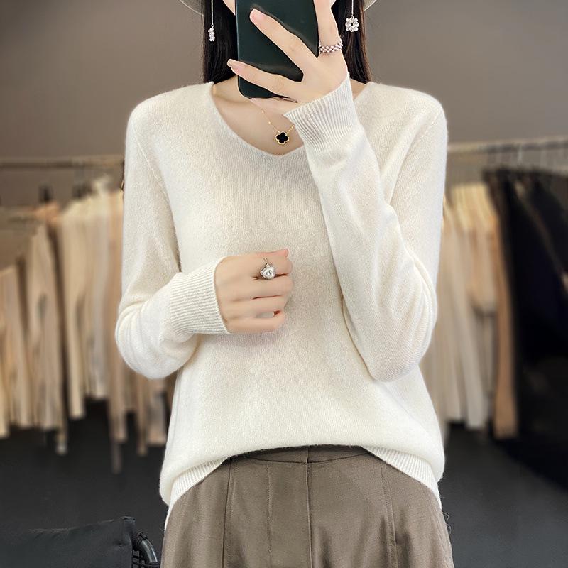 

Женский трикотажный свитер с V-образным вырезом, облегающего кроя, из 100% шерсти - Повседневный пуловер на осень/зиму 2XL 135-150 jin