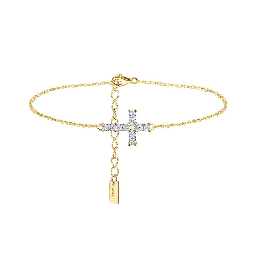 Small Batch Custom Logo Minimal Horizontal Cross Adjustable Chain Bracelet Gold S925 Silver Baguette Pave Cross S925 Drop 22 CM