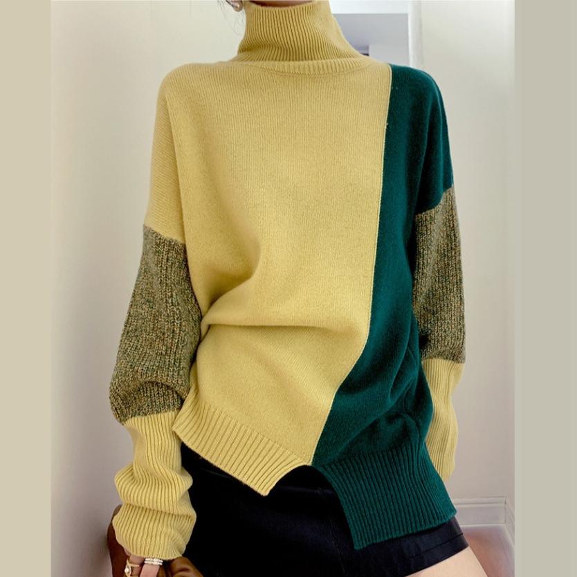 

GMXIA Джемпер с высоким воротом и контрастными цветами, женский свободный свитер для осени и зимы, ленивый вязаный свитер, джемпер из шерсти, контрастные верхние части One size жёлтый/зелёный