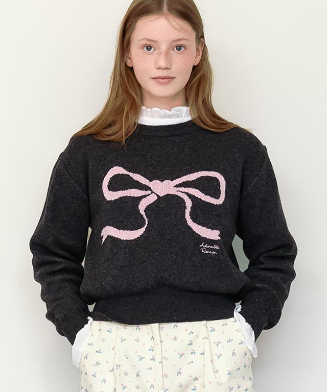 RONRON Heart Ribbon Jacquard Knit Charcoal