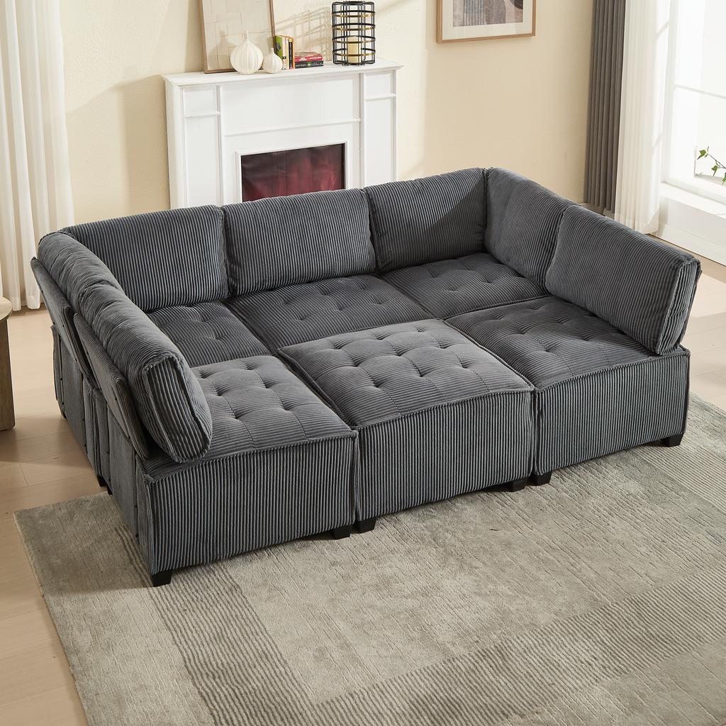 Modular 6-Seater Sofa, Corduroy, Ergonomic, Storage Pockets, Combinable As U-Shape/L-Shape/Sofa Bed, Wood and Metal Structure, Easy Assembly, Grey