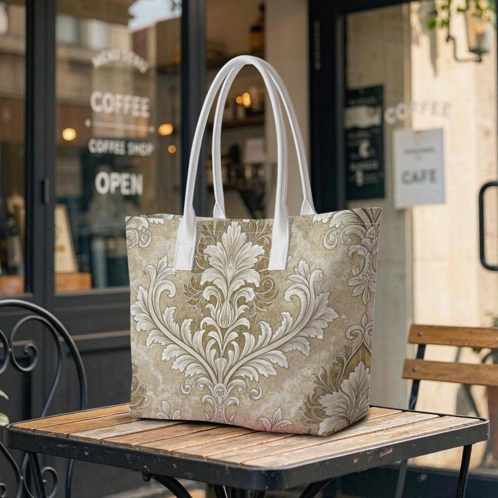 Vintage Damask Print Tote Bag Elegant Portable Daily Top Handle Shoulder Bag