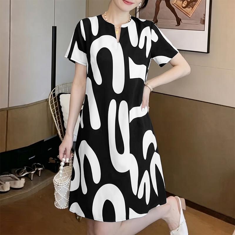 ZANZEA Women Casual V-Neck Summer Short Sleeve Print Dress S чёрный