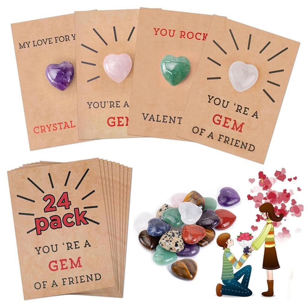 24Pcs Valentine's Day Cards with Love Hearts Valentines Gift Cards Heart-Shape Stone Valentine Exchange Card for School Party