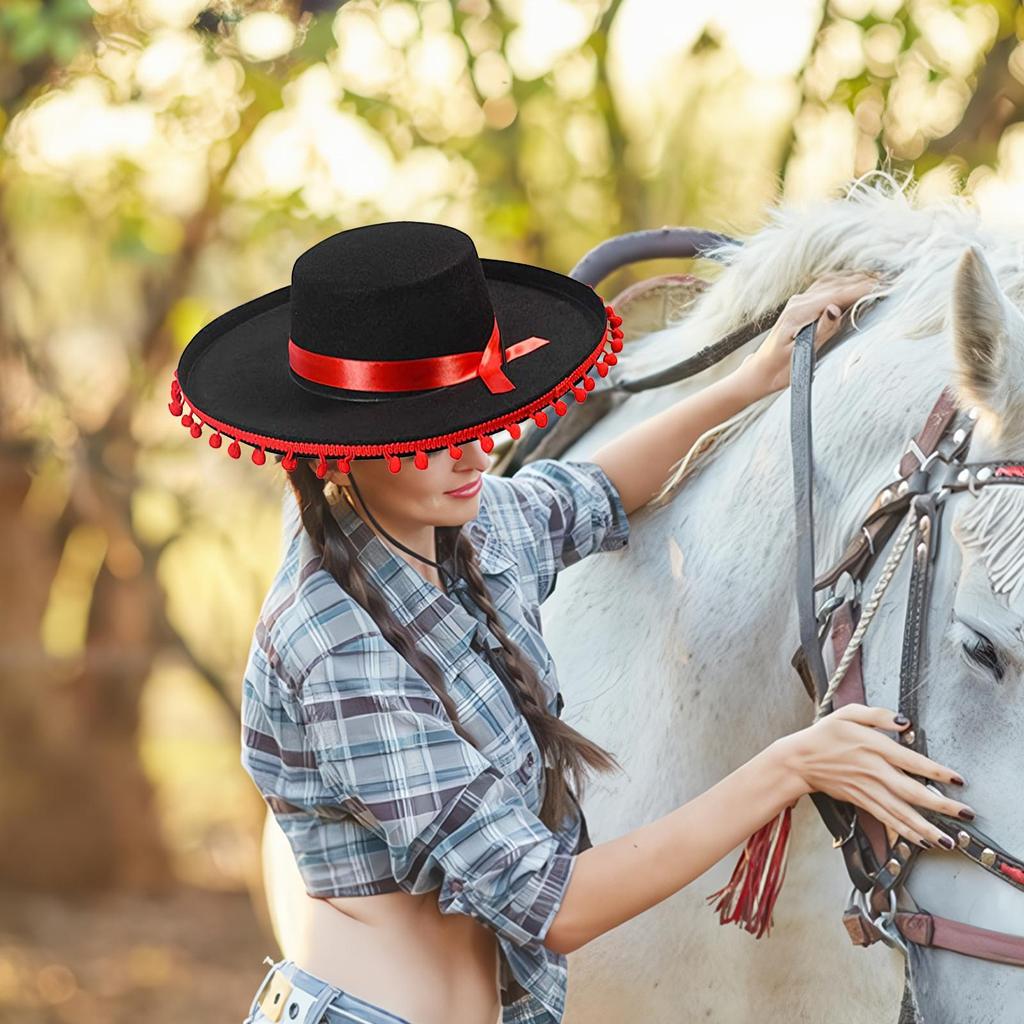 Fuzz Ball Mexican Sombrero Hats Stage Performance Dance Spanish Mexican Hat Costumes Dress Up Wide Brim Spanish-style Hat