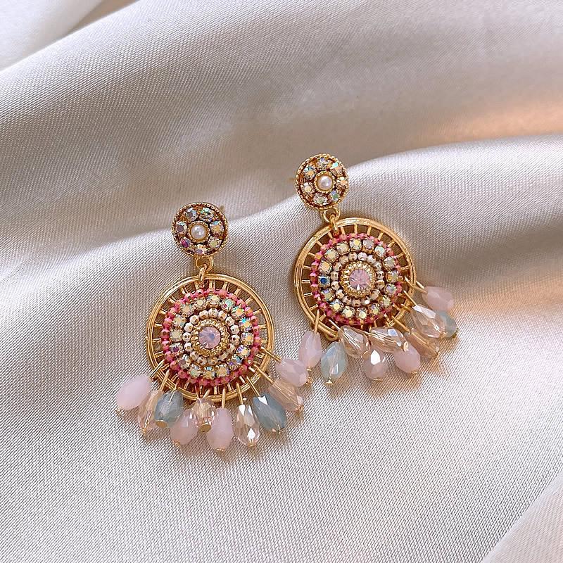 Silver Needle Diamond Crystal Tassel Rhombus Earrings: Luxurious Ethnic Retro Fashion Dangle Jewelry.