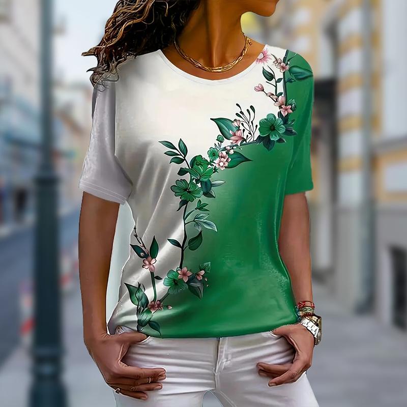 

Женская летняя футболка с принтом «Красивые цветы», футболки с коротким рукавом, повседневные топы с принтом XS зелёный