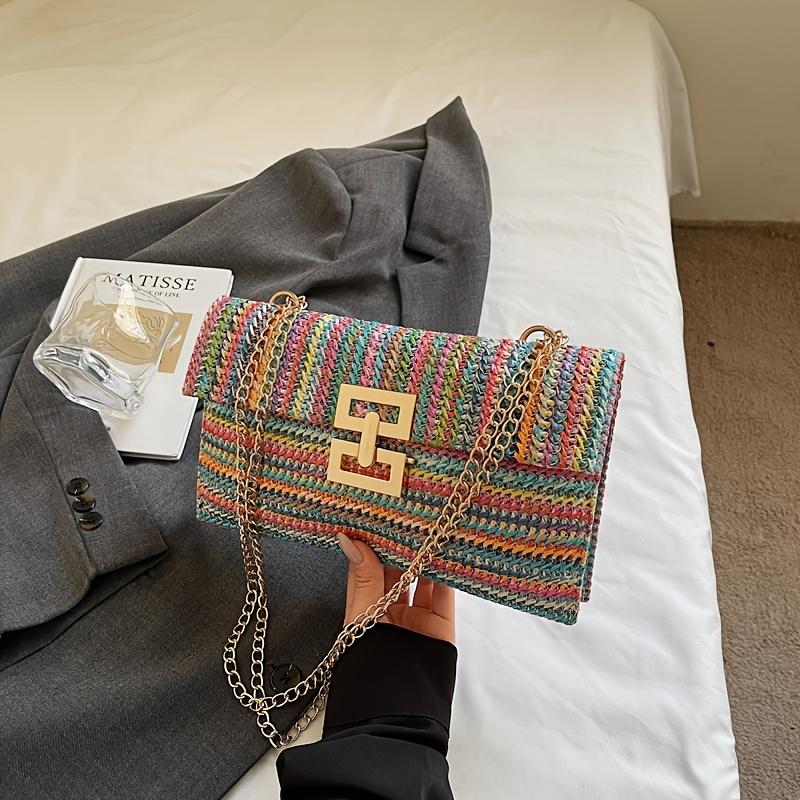 Rainbow striped woven women s small square bag, chain crossbody bag, niche design, vacation style, versatile shoulder bag, commuting bag 【Multicolor】