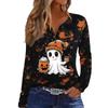 Women's Casual Halloween Print V-Neck Long Sleeve T-Shirt with Decorative Buttons