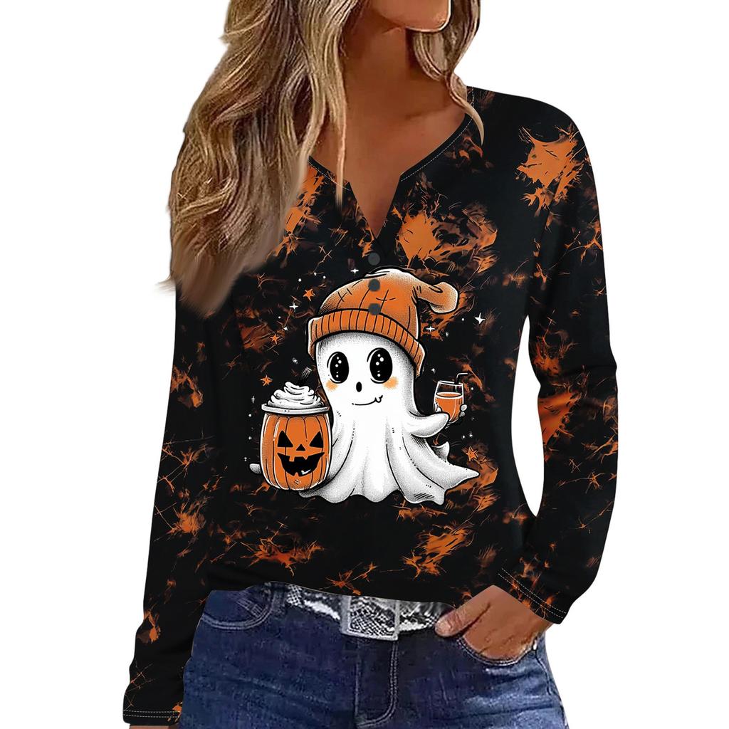 Women's Casual Halloween Print V-Neck Long Sleeve T-Shirt with Decorative Buttons