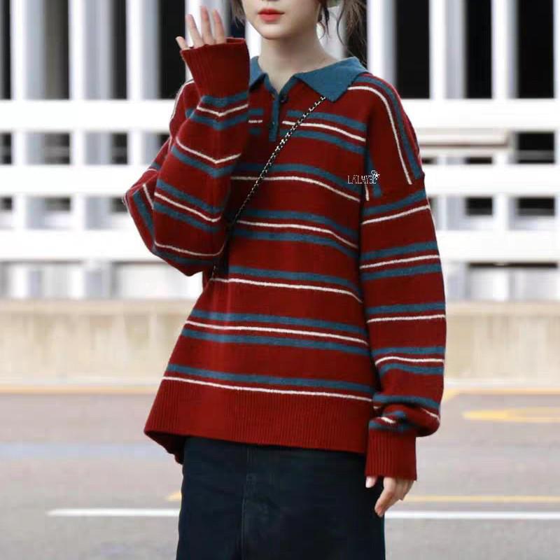 Ye Shuhua College Style Striped Lapel Knitwear Top for Women - Autumn Winter Thick Loose Fit.