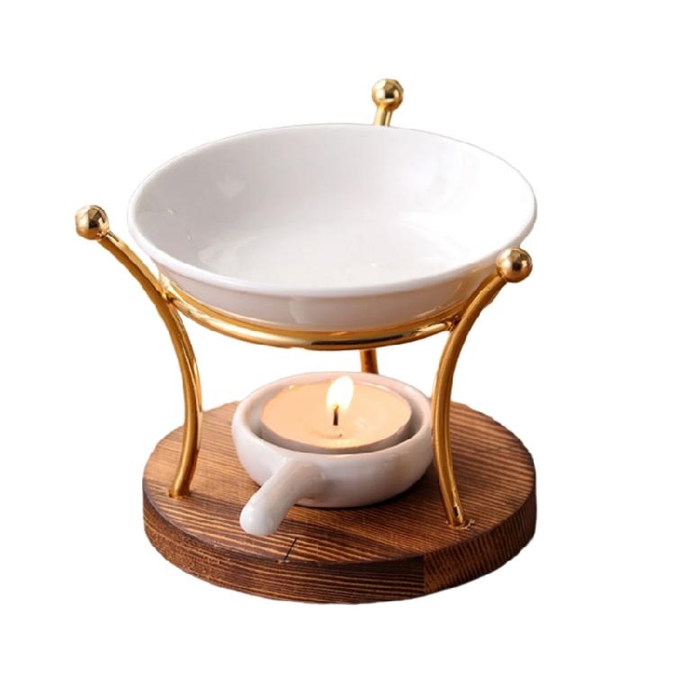 Difusor de Aceites Esenciales Cerámica Cuenco Quemadores de Cera de Aceite Calentador Portavelas de Té con Base de Madera para Decoración del Hogar