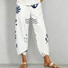 Women Plus Size Loose Nautical Print Cropped Pants Blue Beige Cross Hem With Pockets