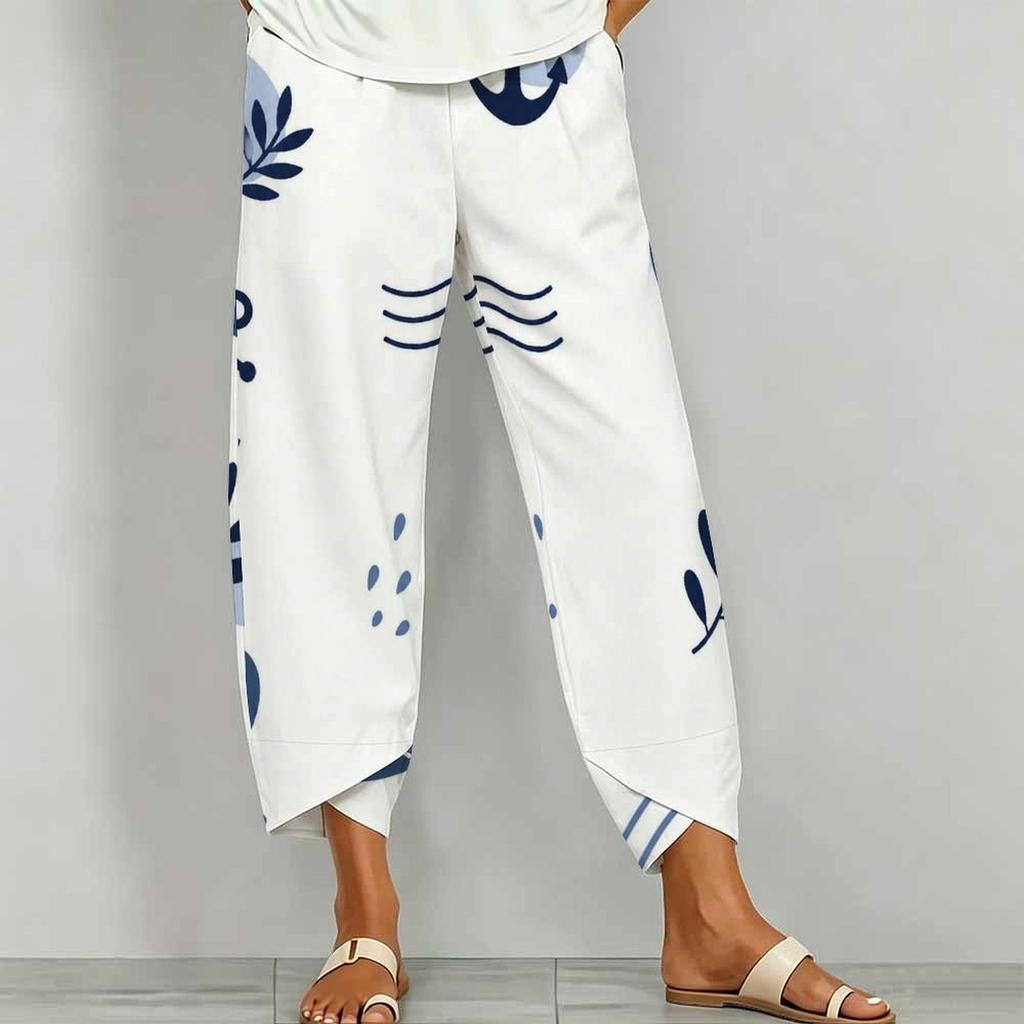 Women Plus Size Loose Nautical Print Cropped Pants Blue Beige Cross Hem With Pockets